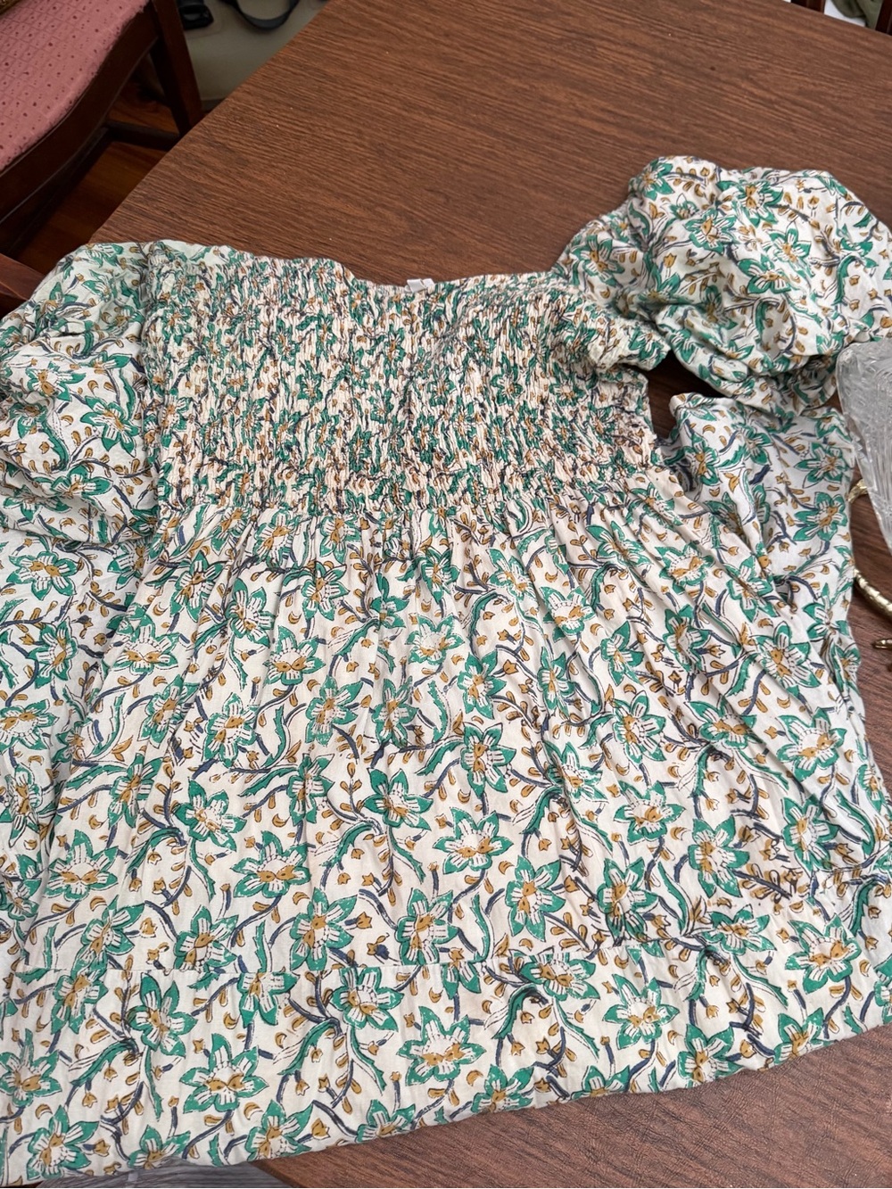 Floral Smocked Maxi Dress in White and Teal